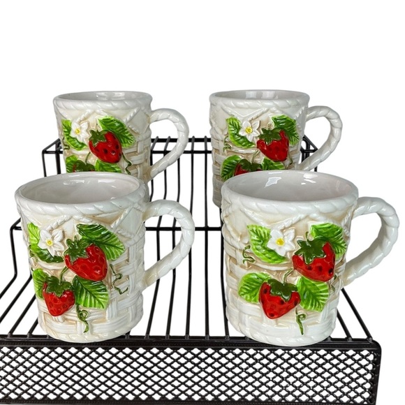 Vintage Sears Roebuck Strawberry Mugs Ceramic Basket Weave 4 Piece Cup Set 1981 - Picture 1 of 13